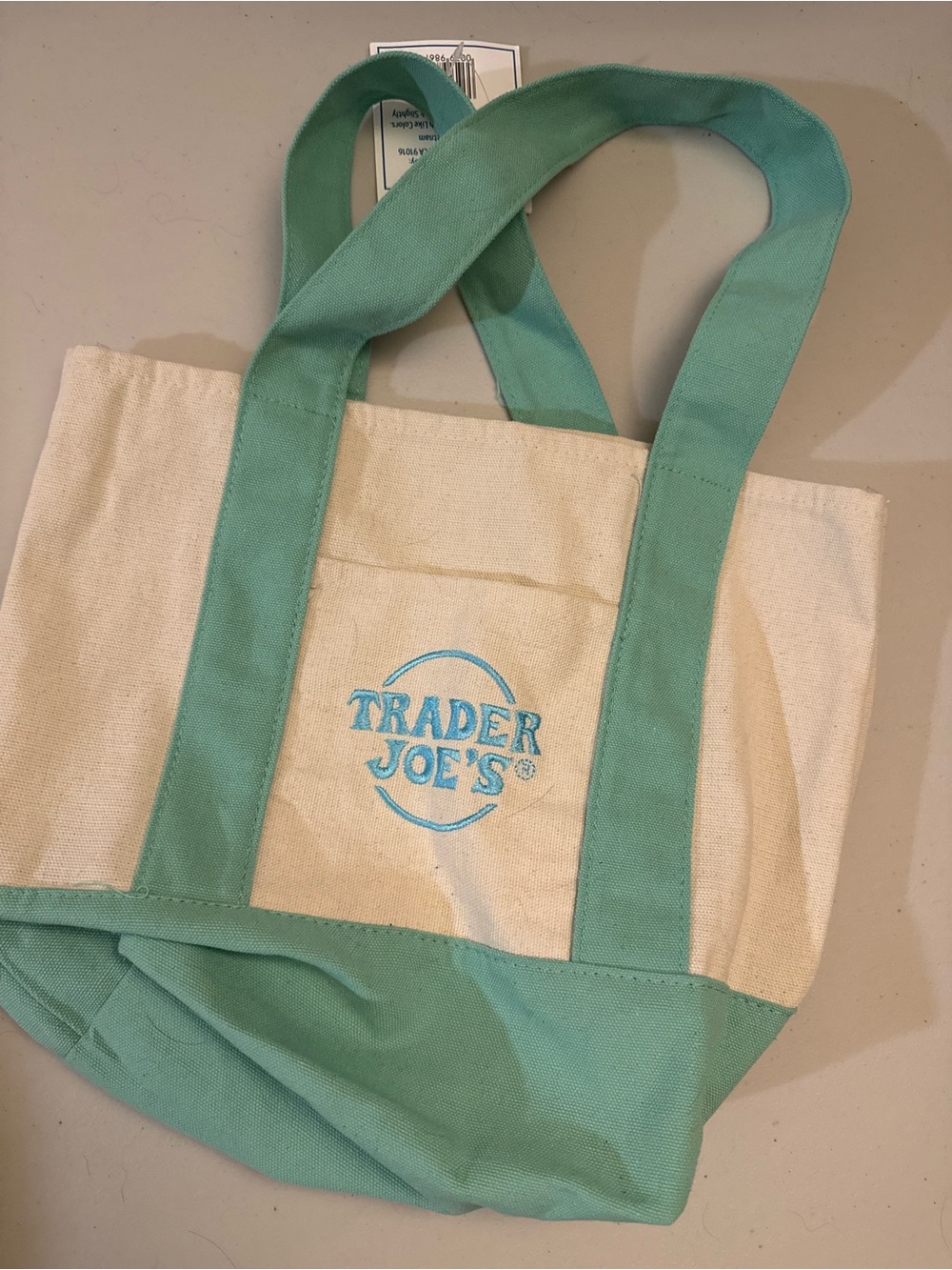 Trader Joe’s Mini Cream & Seafoam Green Canvas Tote Bag